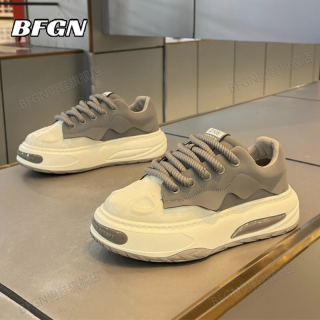 BFGN 品牌牛皮男鞋2026秋季新款透气板鞋男士运动鞋软底增高休闲鞋子男 白灰