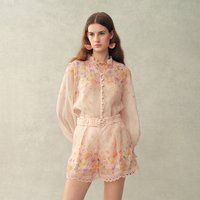 Fabrique 印花透视桑蚕丝亚麻法式衬衫短裤套装