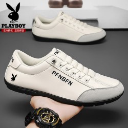 PLAYBOY 鞋子男款2026秋季新款透气一脚蹬休闲运动男鞋皮面软底德训板鞋男 米灰 42