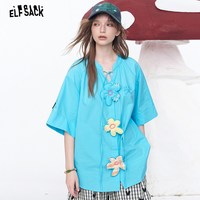 ELF SACK 妖精的口袋 刺绣花朵V领短袖衬衫