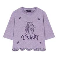 ELF SACK 妖精的口袋 紫色复古水洗印花宽松短款女士T恤