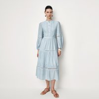 Fabrique 法式蓝色镂空蕾丝织带泡泡袖长袖A字长款连衣裙