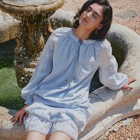 Fabrique 蓝月光宫廷谧境法式纯棉刺绣泡泡袖衬衫上衣短裙套装