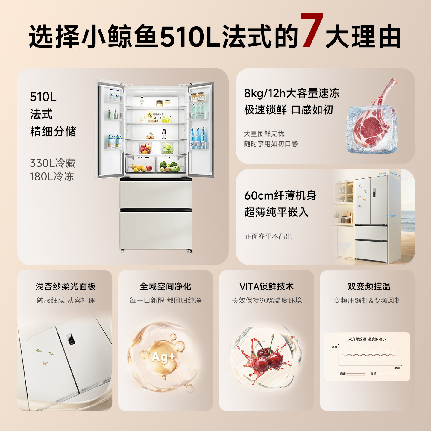 追觅 DRF510WMW1UE 510L法式多门超薄平嵌冰箱