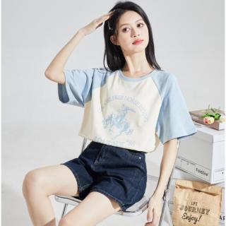 唐狮 夏季女圆领撞色插肩袖前胸图案短袖T恤松弛时尚舒适女式T恤