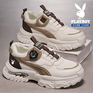 PLAYBOY 旋钮扣男鞋2026秋季新款网面透气运动鞋厚底休闲老爹鞋子男士 米粽PLH26G0349 41