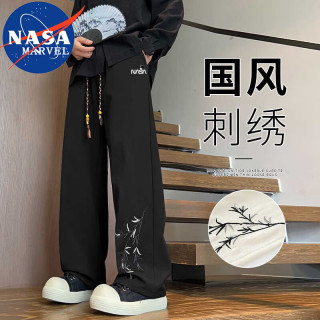 NASA MARVEL 休闲直筒裤男夏季冰丝中国风情侣国潮春秋国风刺绣长裤 黑色