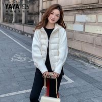 鸭鸭羽绒服 鸭鸭短款羽绒服女新款连帽外套针织拼接羽绒服鸭绒小个子羽绒