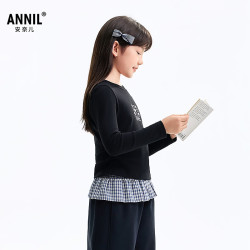 安奈儿 女童秋季爱心字母短款收腰打底上衣 黑色 160