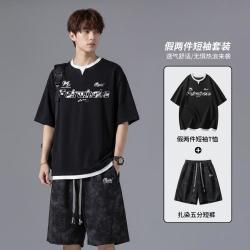 马克华菲 美式假两件短袖套装男士夏季休闲穿搭宽松舒适T恤直筒长裤两件套