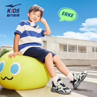 鸿星尔克 童鞋男童运动鞋25年秋季网面透气小孩休闲跑步鞋儿童运动鞋/小贝 正黑/微晶白/云雾灰
