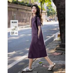 德玛纳 简约风翻领呼吸棉宽松舒适短袖女式牛仔连衣裙