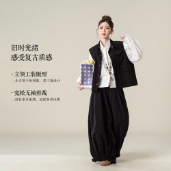 妮茨维 黑色复古立领工装风马甲女秋季新款大口袋宽松休闲马夹叠穿