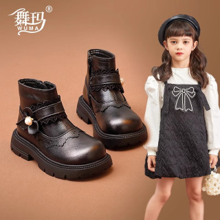 舞玛 女童马丁靴儿童短靴2025新款宝宝秋冬季加绒黑色二棉鞋234911