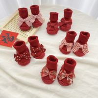 红色新年宝宝鞋子春季加厚可爱蝴蝶结0-2岁中国风毛圈软底学步鞋
