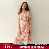 独束 大码女装格纹复古收腰显瘦连衣裙法式碎花短袖中长款显瘦裙子 粉格梨型 2XL （尺码：4）