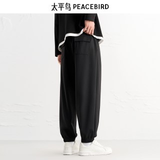 太平鸟 纹理黑色抽绳直筒运动裤