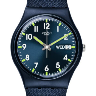 PLUS会员：swatch 34mm蓝色石英表 日期显示 防水运动腕表 夜光表盘 生物基表带 robin 蓝