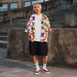 VANS 官方 男女情侣短袖衬衫美式复古蔬菜水果印花古巴衬衫