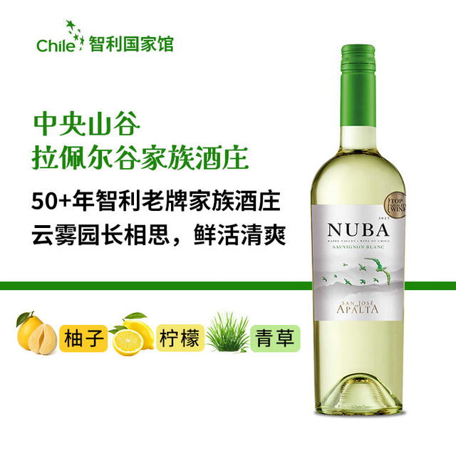 馥铠 云雾之巅 智利进口 拉佩尔谷 长相思干白葡萄酒750ml*1支