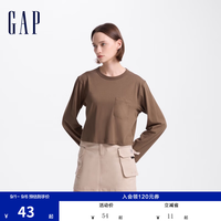 Gap 女装秋季纯棉拼接口袋长袖T恤简约百搭纯色上衣639096 棕色 L () 亚洲尺码