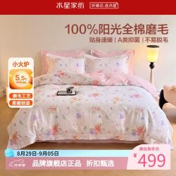 水星家纺 A类抑菌全棉磨毛四件套纯棉秋冬保暖床单枕套被罩套件 花园·春日絮语磨毛四件套1.2米床