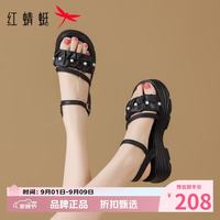 红蜻蜓 女鞋珍珠绑带凉鞋 夏季轻便一字扣带凉鞋休闲百搭女士罗马凉鞋子