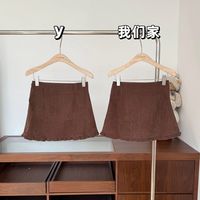 SLOY 焦糖褶絮花边灯芯绒高腰A字半身裙