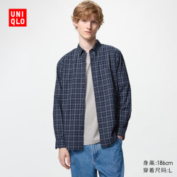 优衣库 优质长绒棉格子衬衫/长袖男装衬衣空调衫486588 69 藏青色 XL