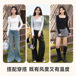 班尼路 方领褶皱修身打底衫   亲肤柔软    弹力舒适     多色可选