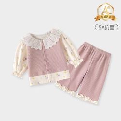 婧麒 女童田园风假两件上衣+裤子  2件套