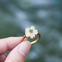 花饰庄园 新款和田白玉花朵戒指玉石时尚简约小巧女戒日常百搭戒指送女友 花朵戒指