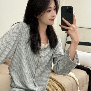 VINEEMAN花朵圆领细条纹四季女短袖长裤睡衣家居服套装