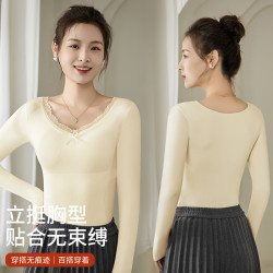08342#蕾丝边羊毛蚕丝贴片修身美体女士保暖打底长袖（免穿内衣）