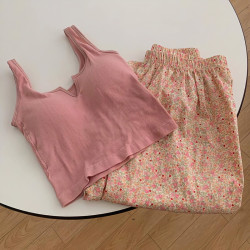 甜美带胸垫吊带睡衣女夏季休闲运动背心碎花短裤可外穿家居服套装
