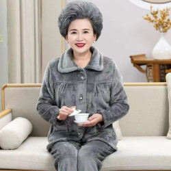 珊瑚绒中老年妈妈秋冬款睡衣长袖加厚加绒法兰绒保暖开衫女士套装