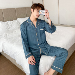 早春新款男士睡衣家居服长袖长裤千鸟格提花套装N295冰丝夏季春秋