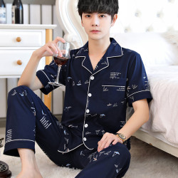 男士睡衣青少年纯棉春秋季常规款青年全棉家居服夏季短袖大码套装