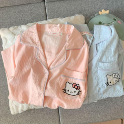 夏季薄款KT猫睡衣套装上衣+裤子长袖家居服夏季透气宽松日系