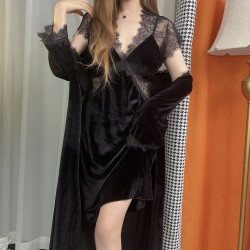 高级感秋冬季金丝绒家居服蕾丝性感轻奢睡衣睡裙大码