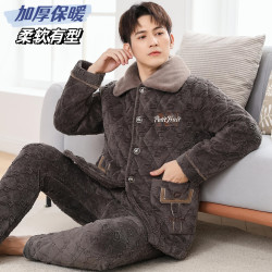 男士冬季加绒加厚睡衣家居服可外穿