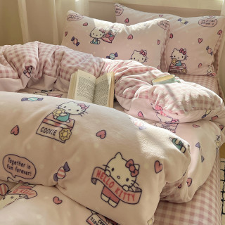 苏萱 HelloKitty牛奶绒四件套冬季珊瑚法兰绒面被套床单床上用品三件套