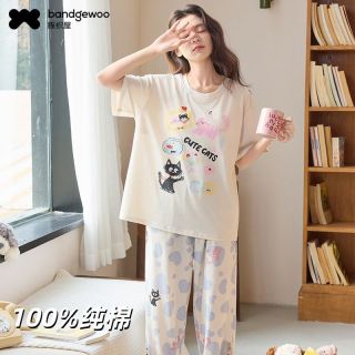 阪织屋 【100%纯棉】阪织屋女士睡衣套装 短袖长裤带胸垫