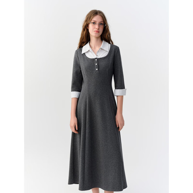 今日必买：独束 26年秋季上新！  分身型   微定制   假两件拼接连衣裙    条纹polo领   显瘦A字裙