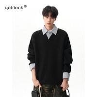 QOTRIOCK 400g重磅格纹假两件翻领卫衣男女秋季设计感拼接Polo领长袖套头衫