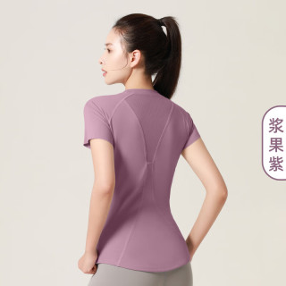 FOURDATRY 网纱瑜伽运动服显胸塑型透气T恤女 浆果紫 L