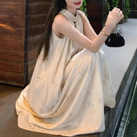 FOURDATRY 新中式国风复古度假风无袖宽松挂脖连衣长裙女
