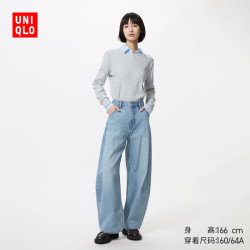 优衣库 宽松廓形牛仔裤常规款女装男装/弯刀镰刀裤482280 487973 482280/64湖蓝色(做旧设计) 24 /155/62A