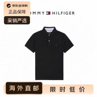 TOMMY HILFIGER 汤米 希尔费格 男士Polo衫 经典条纹短袖 舒适透气男装上衣 黑色 XL （建议180-200斤）