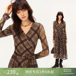 自巧 小个子复古棕咖色格纹连衣裙女2026秋季新款长袖显瘦A字长裙 棕咖格 XXS （尺码1）